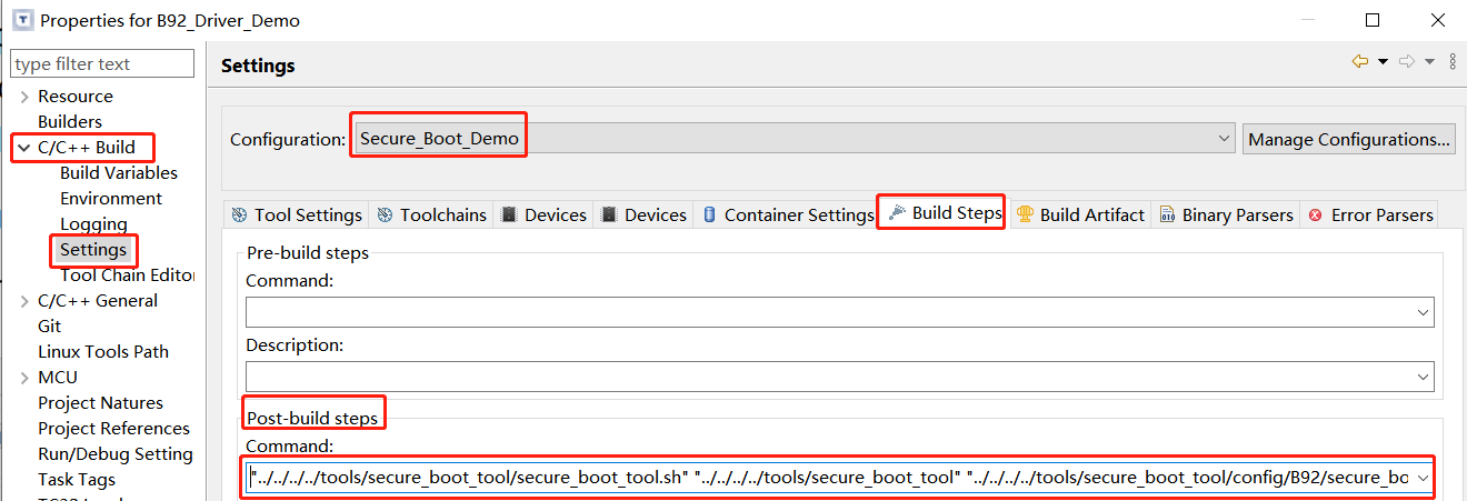 Post build command in settings