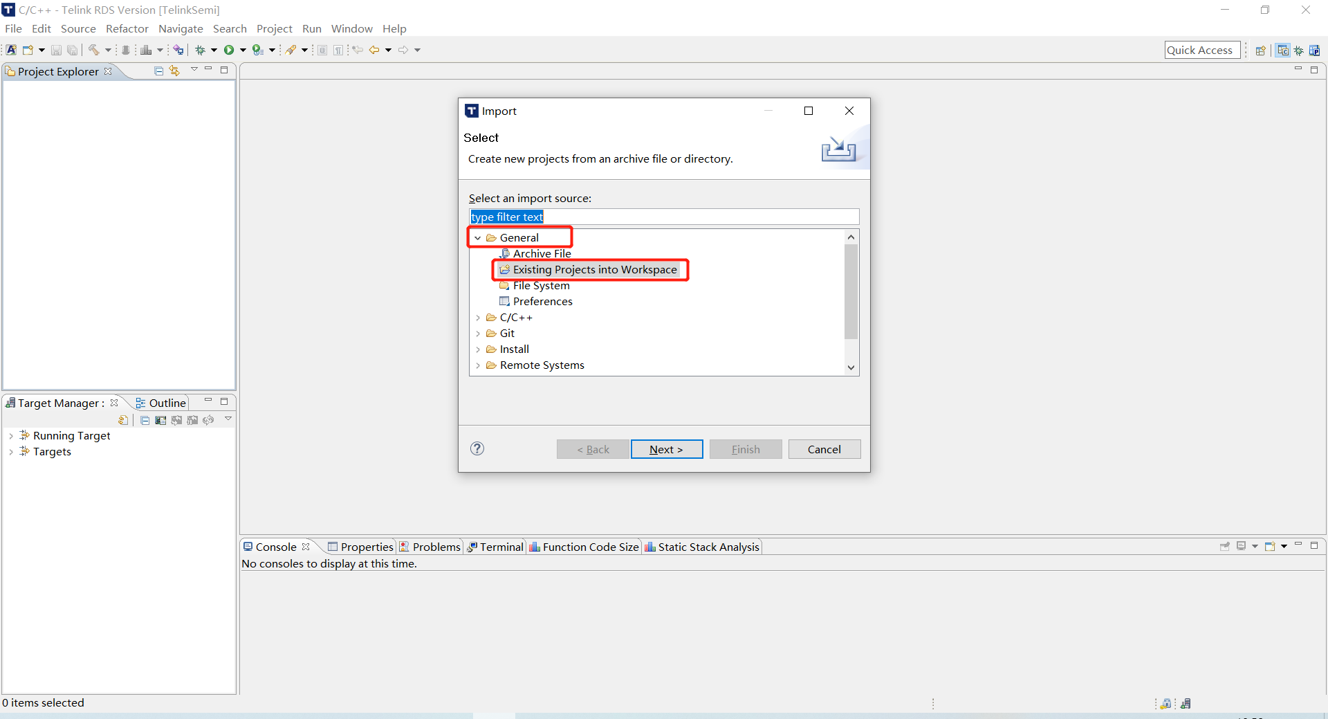 Select Existing Projects into Workspace