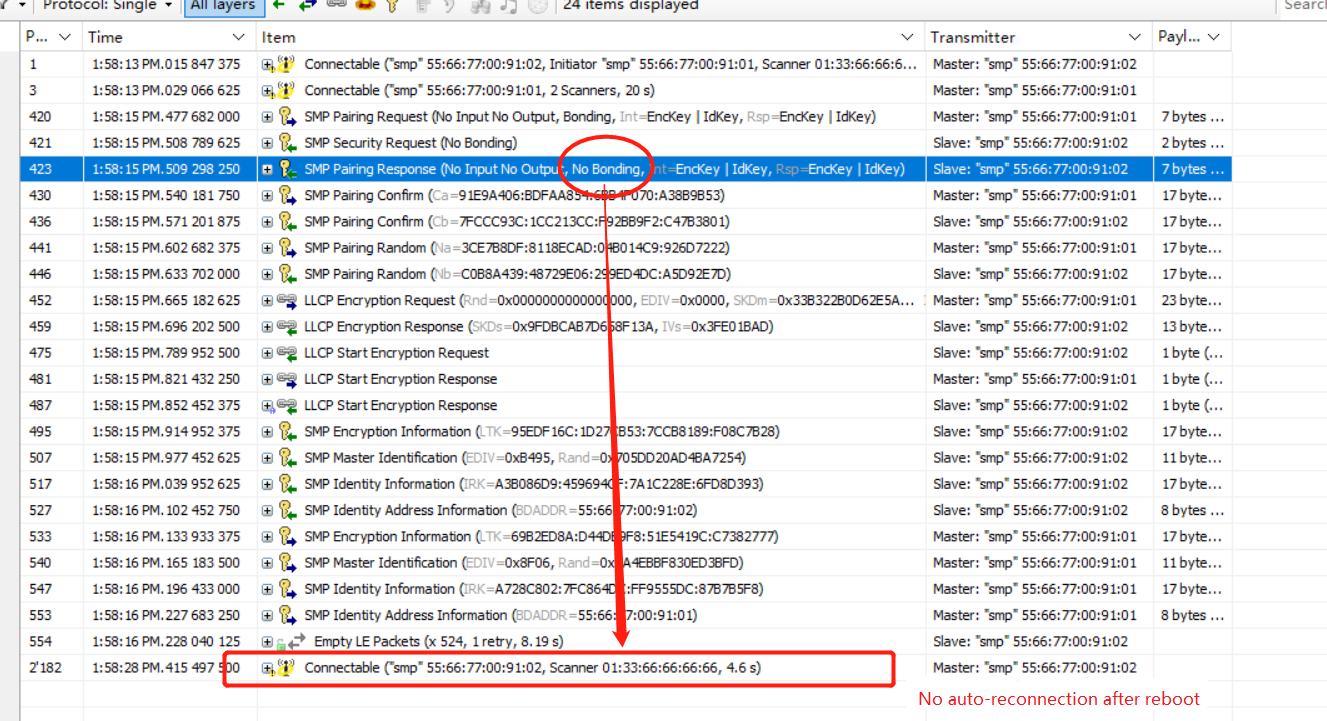 Packet capture of Legacy Just Works Slave NoBonding