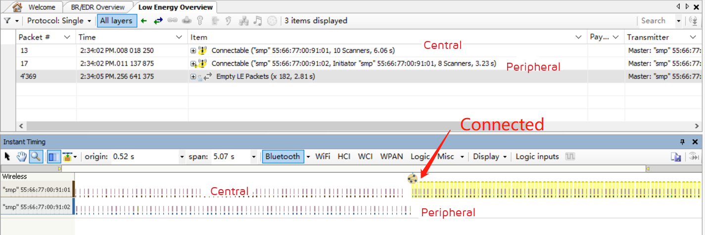 Packet Capture of Successful Peripheral and Central Connection when SMP is Disabled