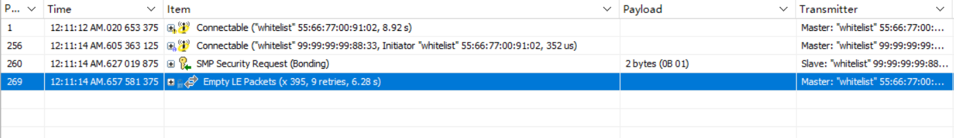 Packet Capture of Central Connecting Whitelist Peripheral