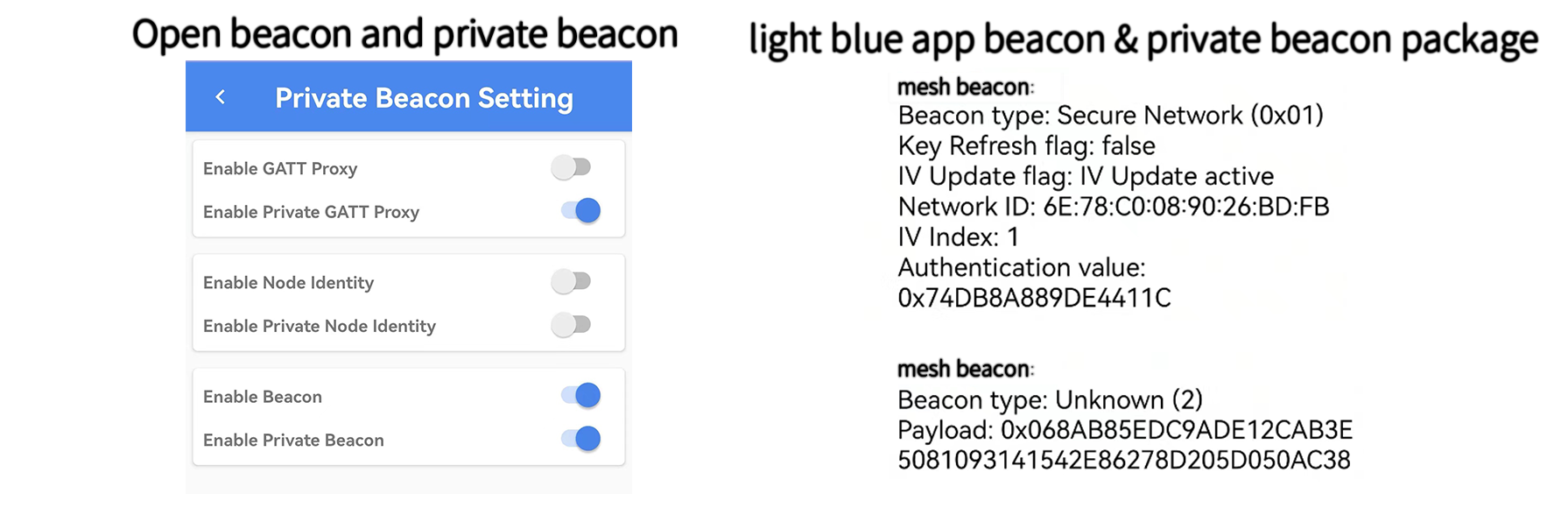 Beacon packets received by light blue APP after opening beacon + private beacon