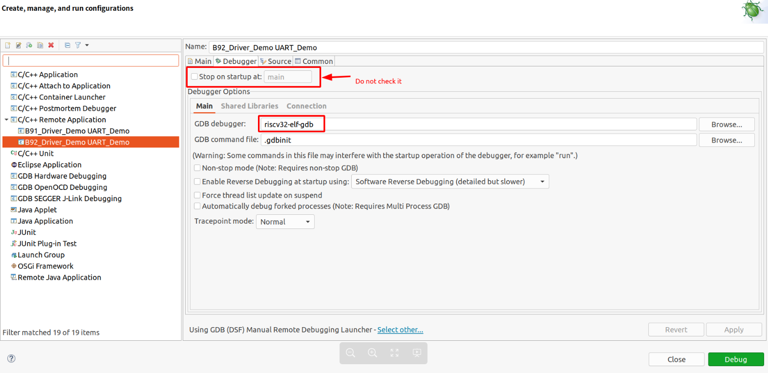 Debugger tab configuration
