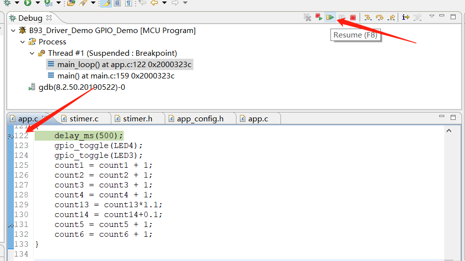 Resume executes to a breakpoint