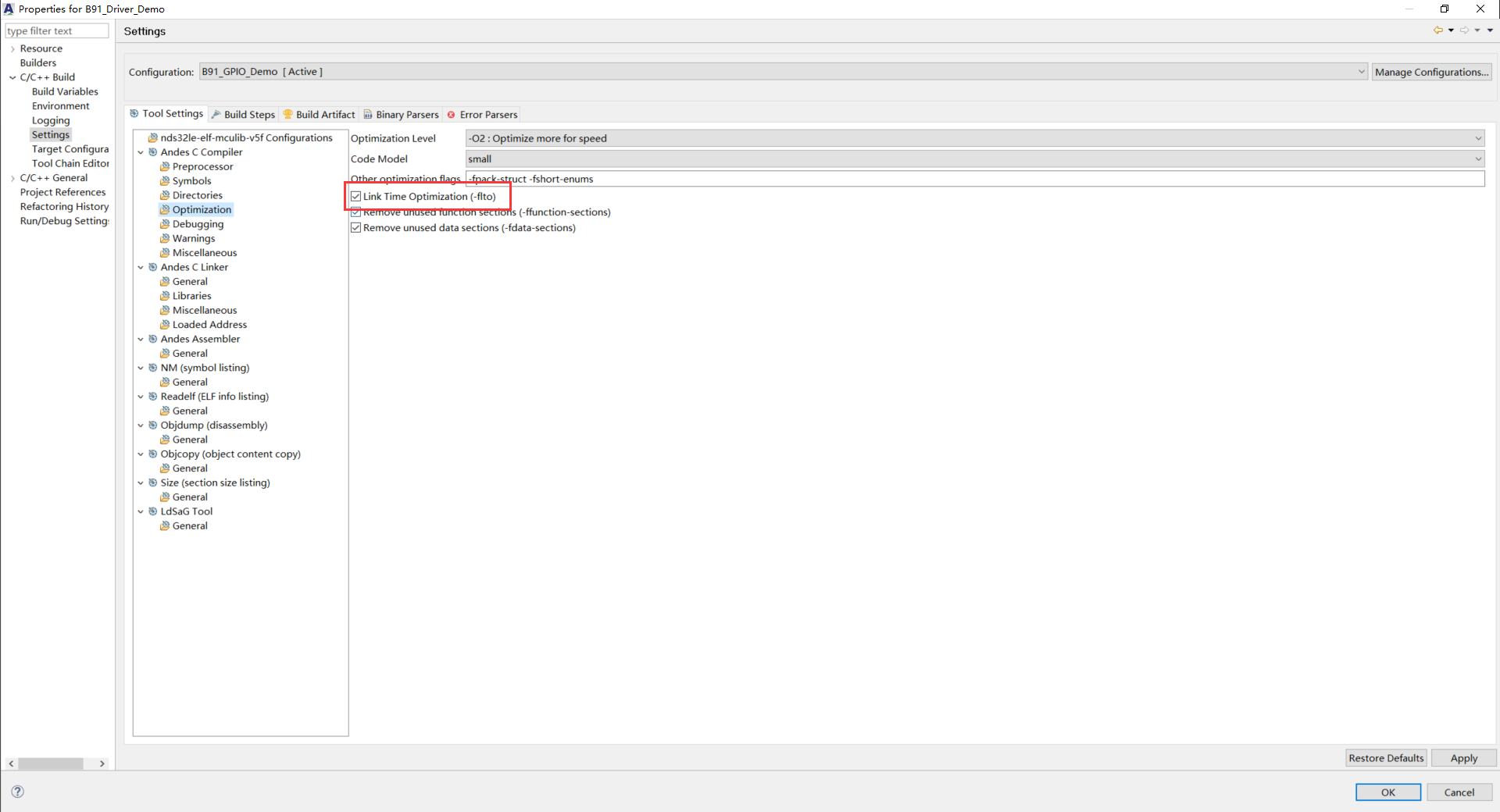 The Link TimeOptimization (-flto) in optimization options