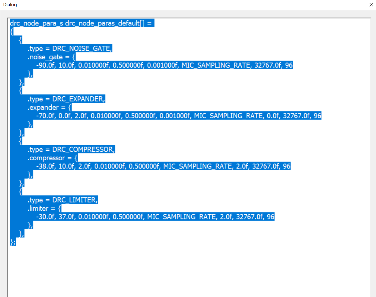 DRC parameter code