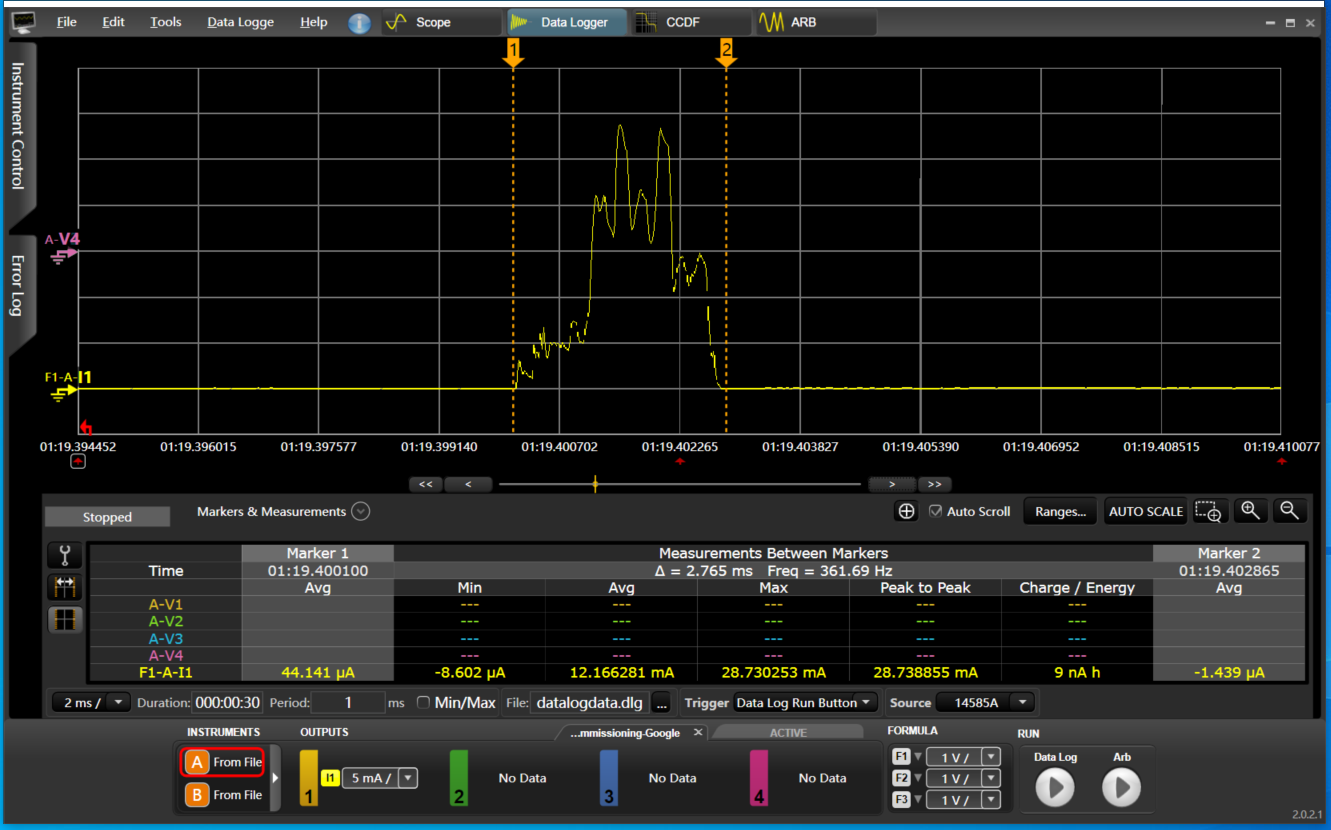 BLE connection interval 1 peak current @ 45ms