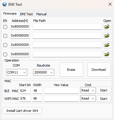 TLSR9118 EMI Tool firmware configuration download interface