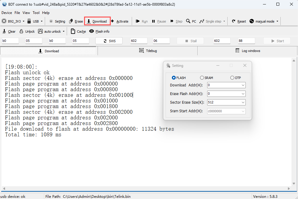 Download firmware into Flash via USB mode