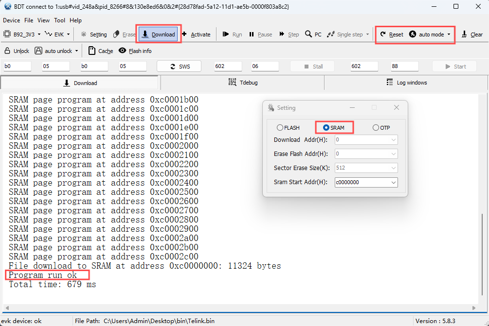 Download firmware to 'SRAM' via 'auto mode'