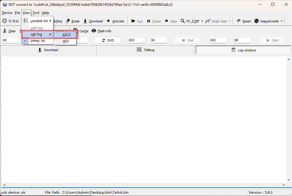 Open usb log window