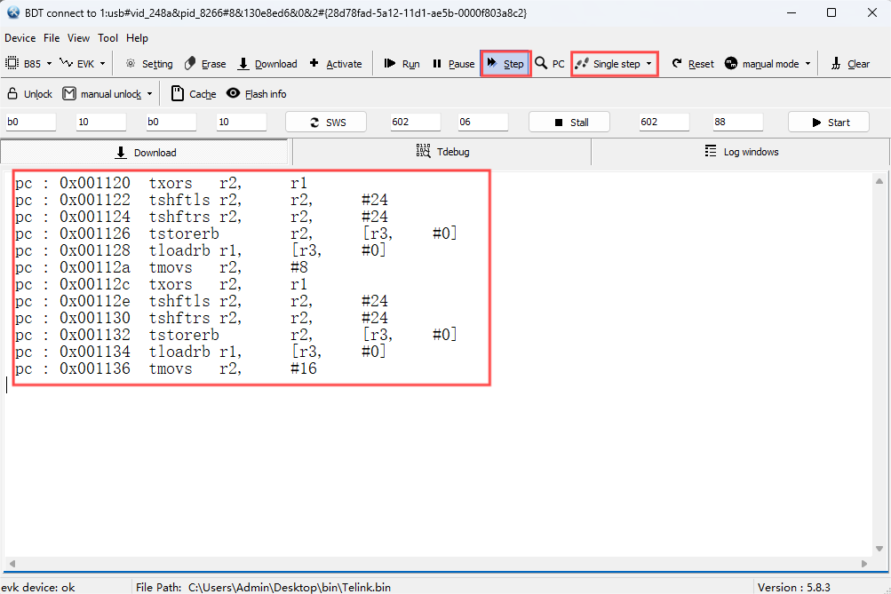 Step MCU with 'interp.lst' selected in "Single step" mode