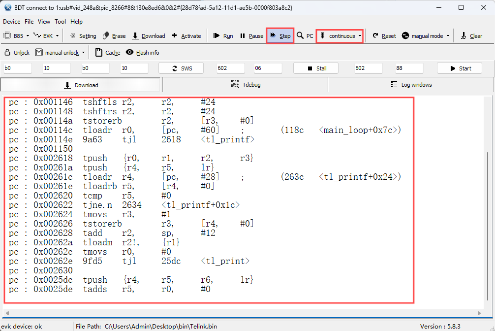 Step MCU with 'interp.lst' selected in 'continuous' mode