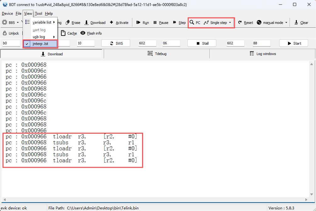 Trace PC with 'interp.lst' selected in 'Single step' mode