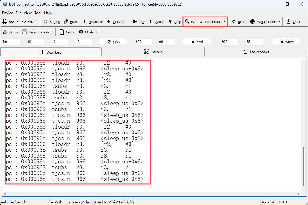 Trace PC with 'interp.lst' selected in 'continuous' mode
