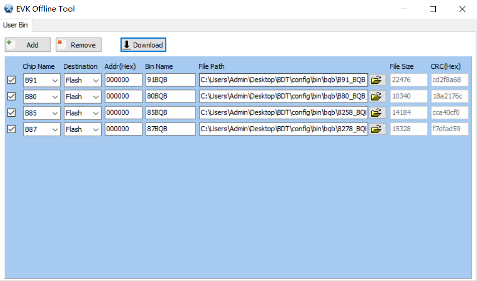 "EVK Offline Tool" user firmware interface