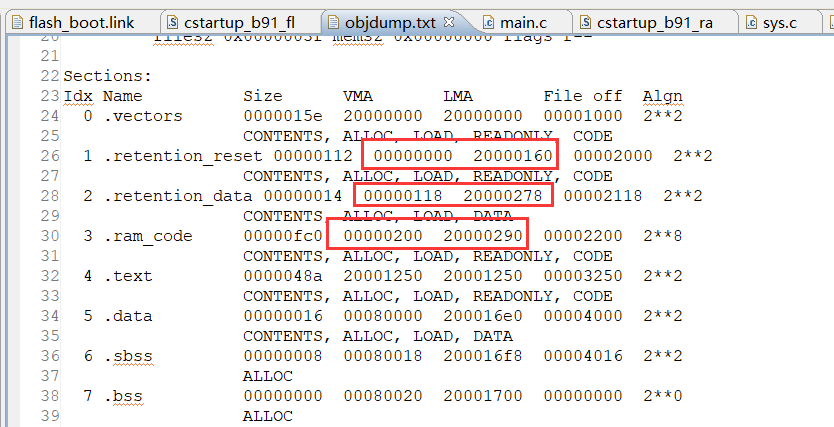 retention_reset、retention_data、ram_code的VMA和LMA地址