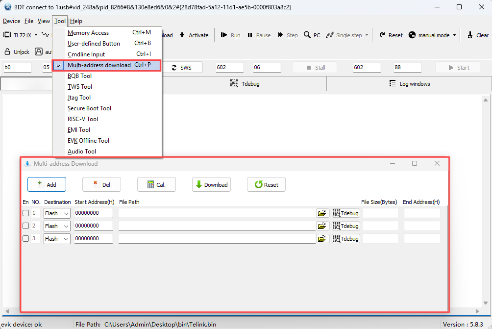 打开 “Multi-address Download” 界面